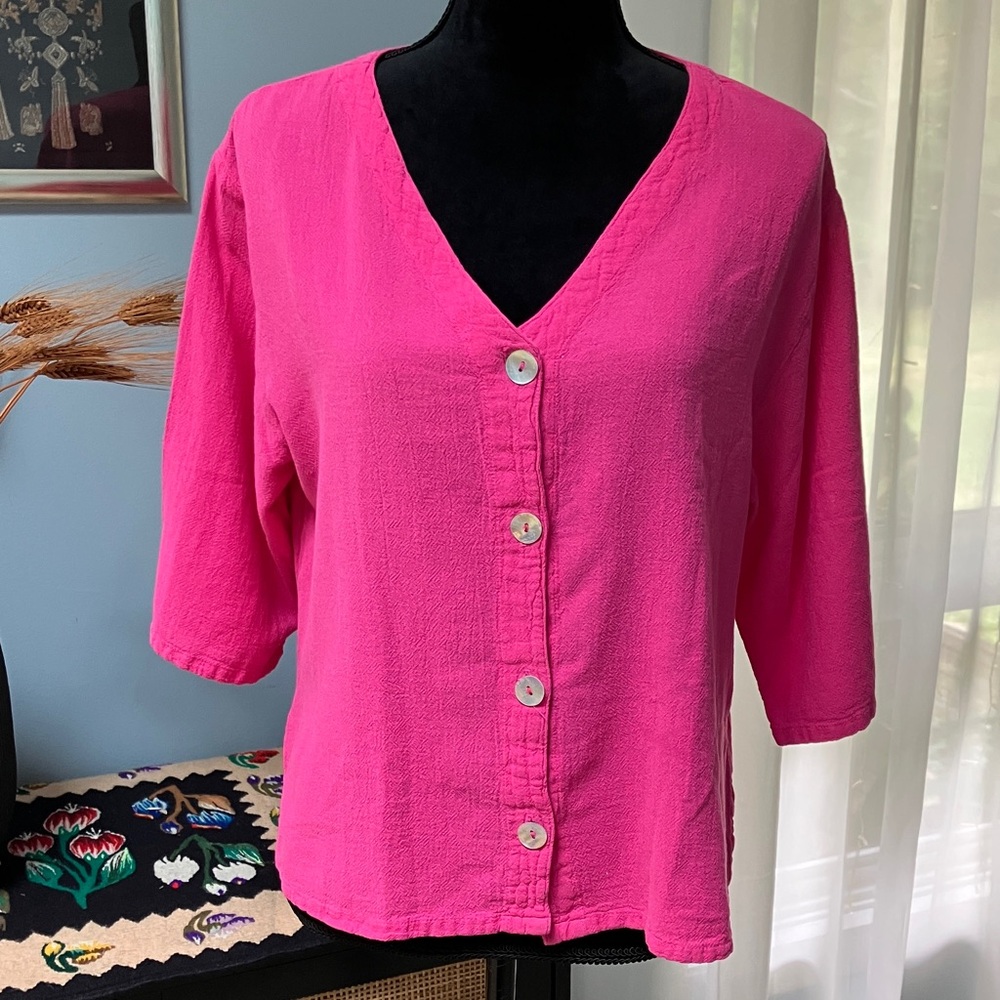 Oh My Gauze! Fuchsia M Button Down Shirt 3/4 Sleeve Vneck SideSlits Relaxed Fit - Picture 15 of 16